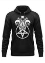 Schwarzes Kapuzensweatshirt mit Totenkopf- und Pentagramm-Design, wahrscheinlich aus Baumwolle oder Polyester-Mischung.