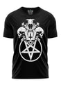 Schwarzes T-Shirt mit weißem Totenkopf- und Pentagramm-Design.