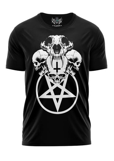 Black gothic shirt featuring bold white graphic of stacked skulls and pentagram for horror fans