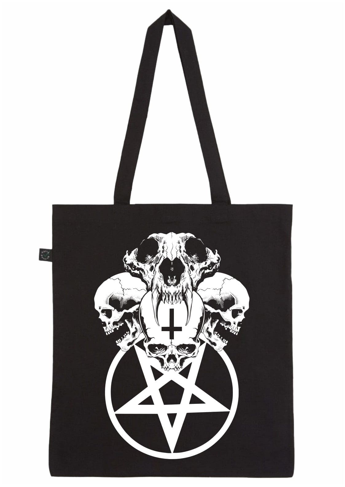 Schwarzer vegane Bio-Baumwollbeutel Skull Pentagram, fair produziert