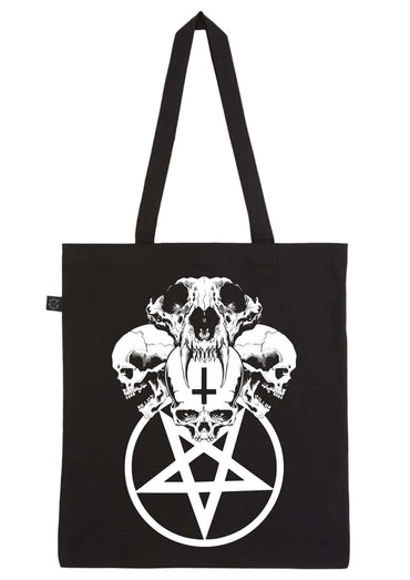 Schwarzer vegane bio-baumwollbeutel mit skull pentagram grafik und weißen schädeln fair produziert