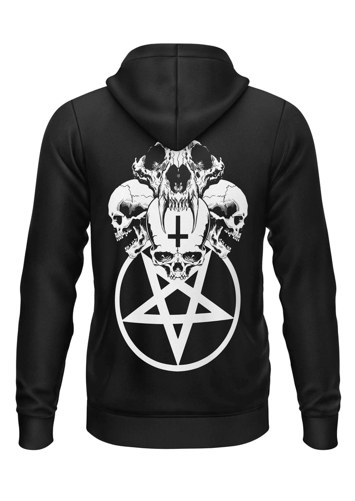 Schwarzer zip-up hoodie mit weißem schädel pentagram grafik und pentagram-reißverschluss gaia lizenzierte bekleidung