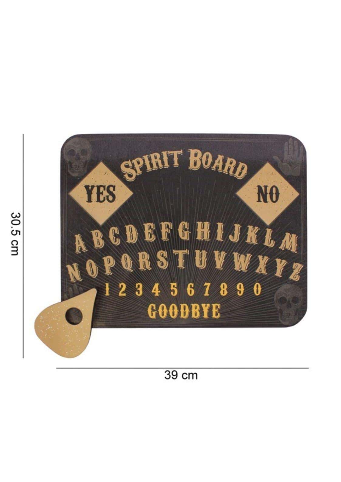 Schwarzes ouija board mit goldener schrift und skull print sowie passendem goldfarbenem planchette spirit board