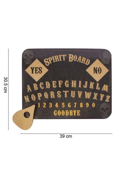 Schwarzes ouija board mit goldener schrift und skull print sowie passendem goldfarbenem planchette spirit board