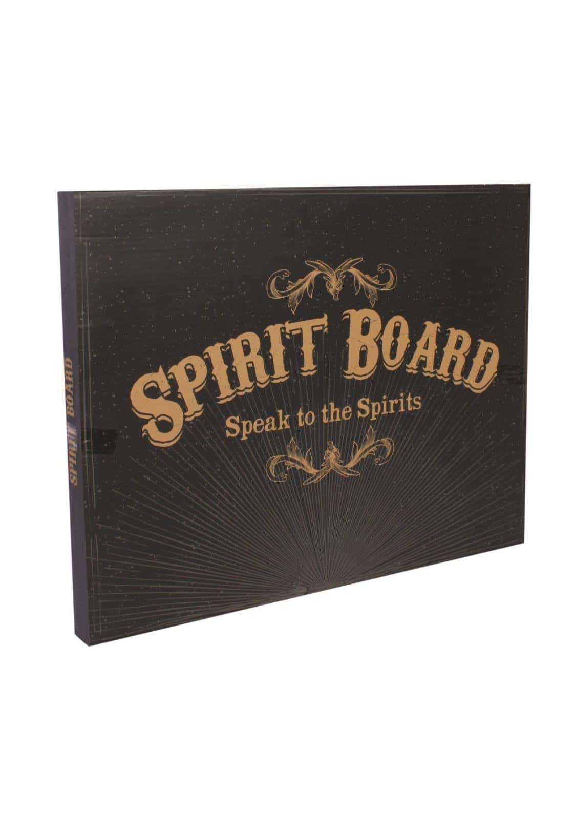 Schwarzes spirit board buch mit goldfolie schrift und dekorativen verzierungen im skull print ouija board design