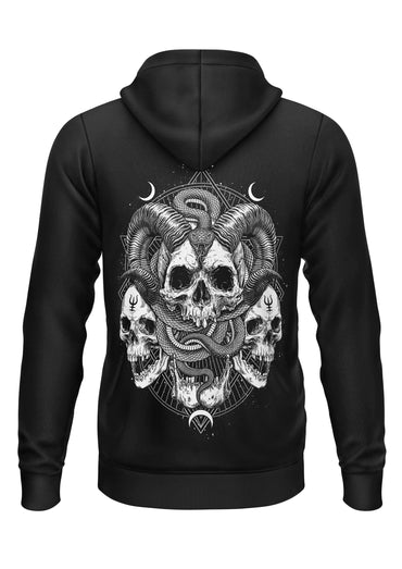 Schwarzer zip-up hoodie-modell vereint robuste mit weißem schädel schlange rückenprint aus schädeln, schlangen und crescent moons