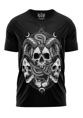 Schwarzes Satanas Shirt mit Totenköpfen, Schlangen und Symbolen