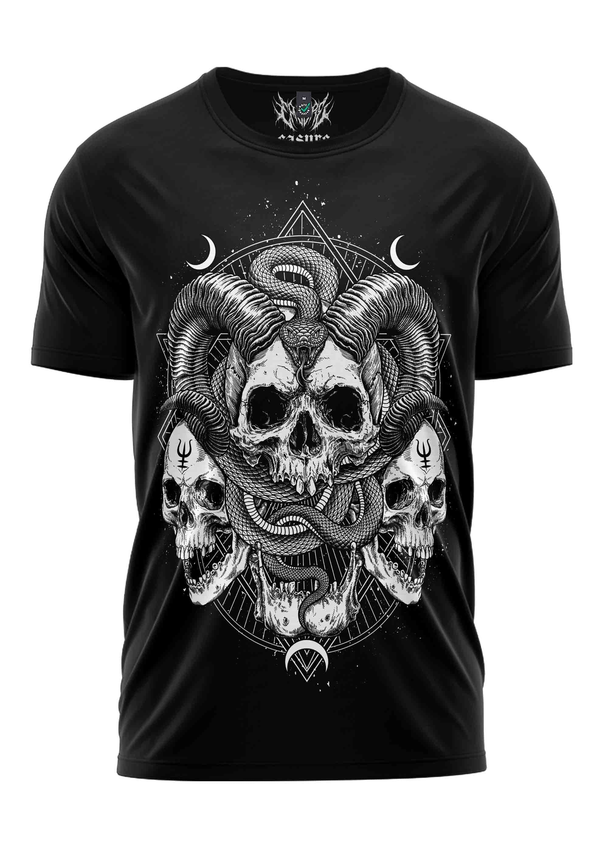 Schwarzes Satanas Shirt mit Totenköpfen, Schlangen und Symbolen