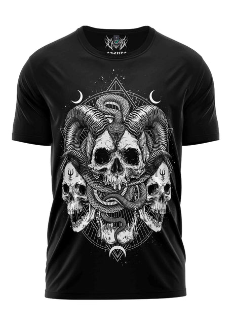 Schwarzes Satanas Shirt mit Totenköpfen, Schlangen und Symbolen