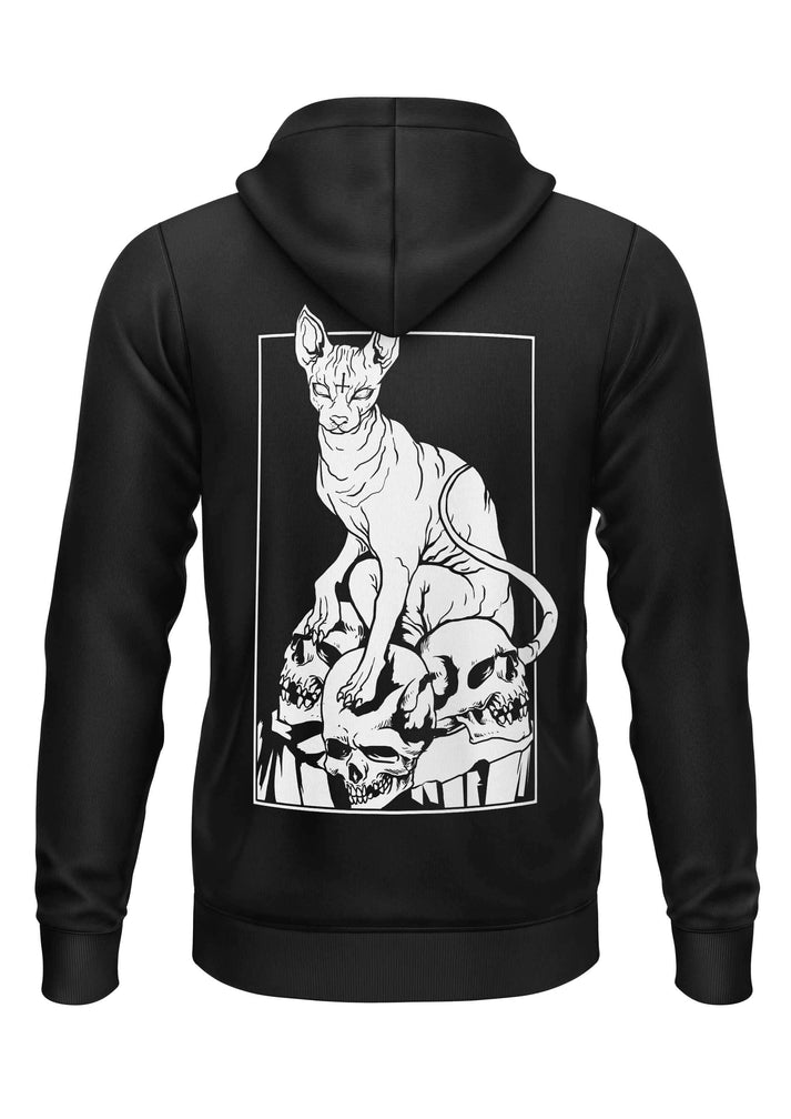 Schwerer unisex hoodie in schwarz mit weißem line-art sphynx katze grafik auf schädeln auf der rückseite gaia lizenzierte bekleidung