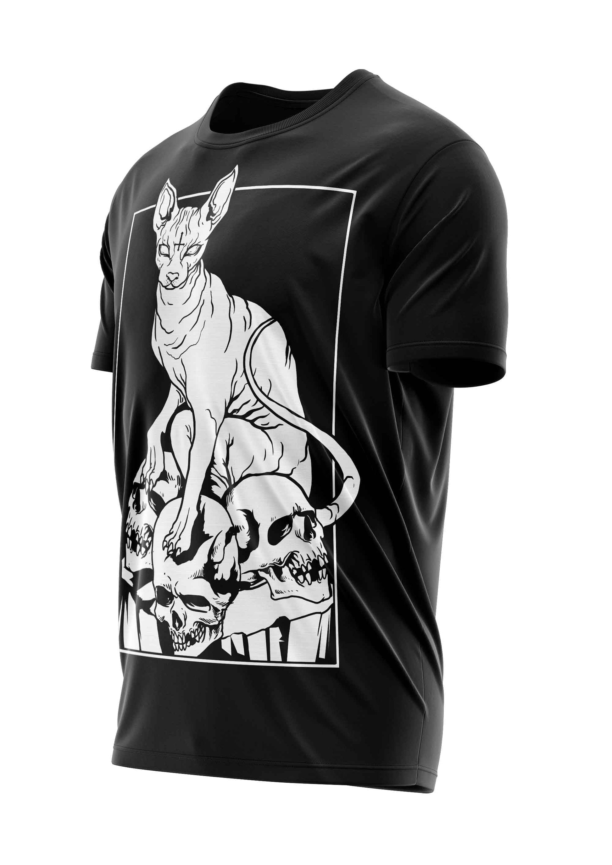 Schwarzes T-Shirt mit Skull Sphynx-Motiv: Sphynx auf Schädeln, gothic-metal