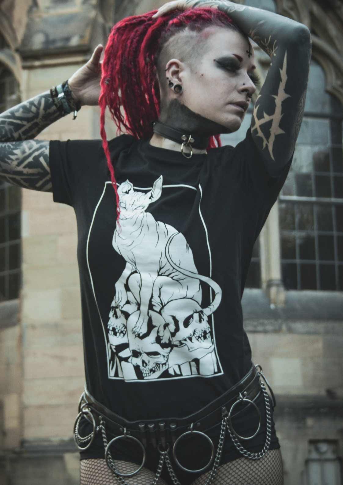 T-Shirt im Gothic-Stil mit Katzen- und Schädelgrafik.