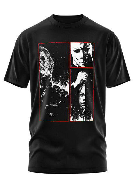 Schwarzes Grafik-T-Shirt mit rot-weißem Design, das drei Gesichter zeigt.