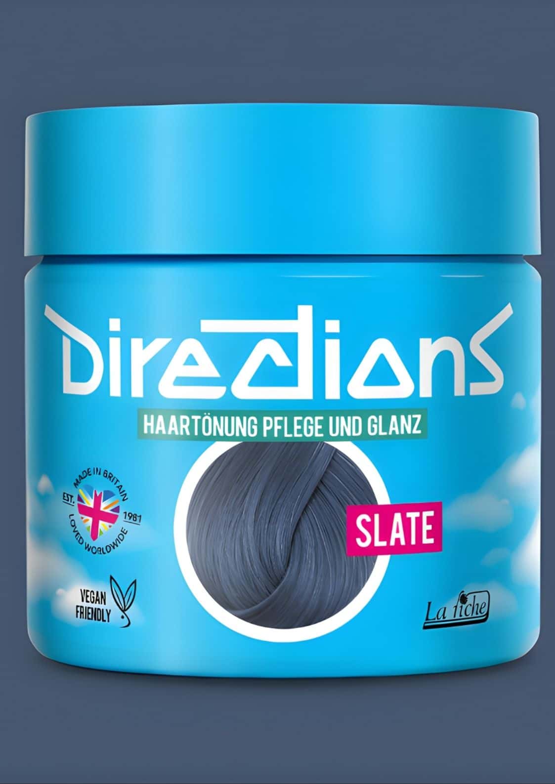 Bright blue zylindrischer container der semi-permanenten haartönung directions in kühlem grau mit metallischem finish in der farbe slate