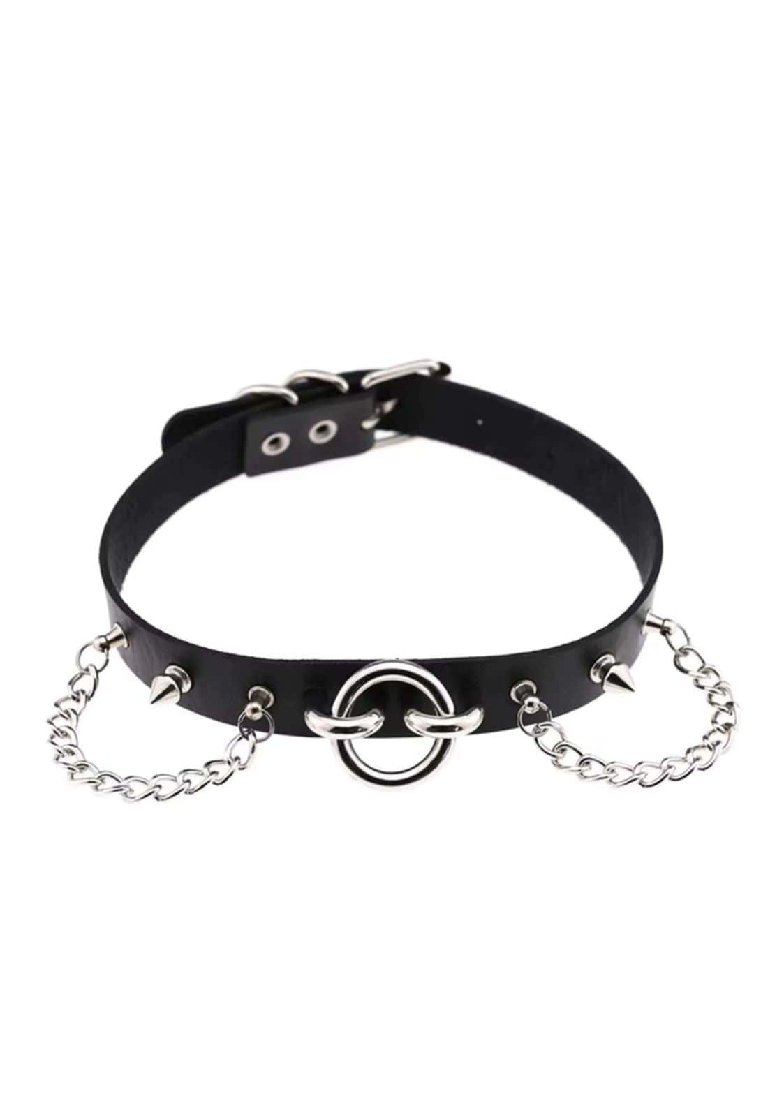 Black leather small chain choker with silver metal spikes, chains, and central ring clasp for edgy style