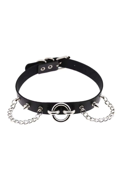 Black leather small chain choker with silver metal spikes, chains, and central ring clasp for edgy style