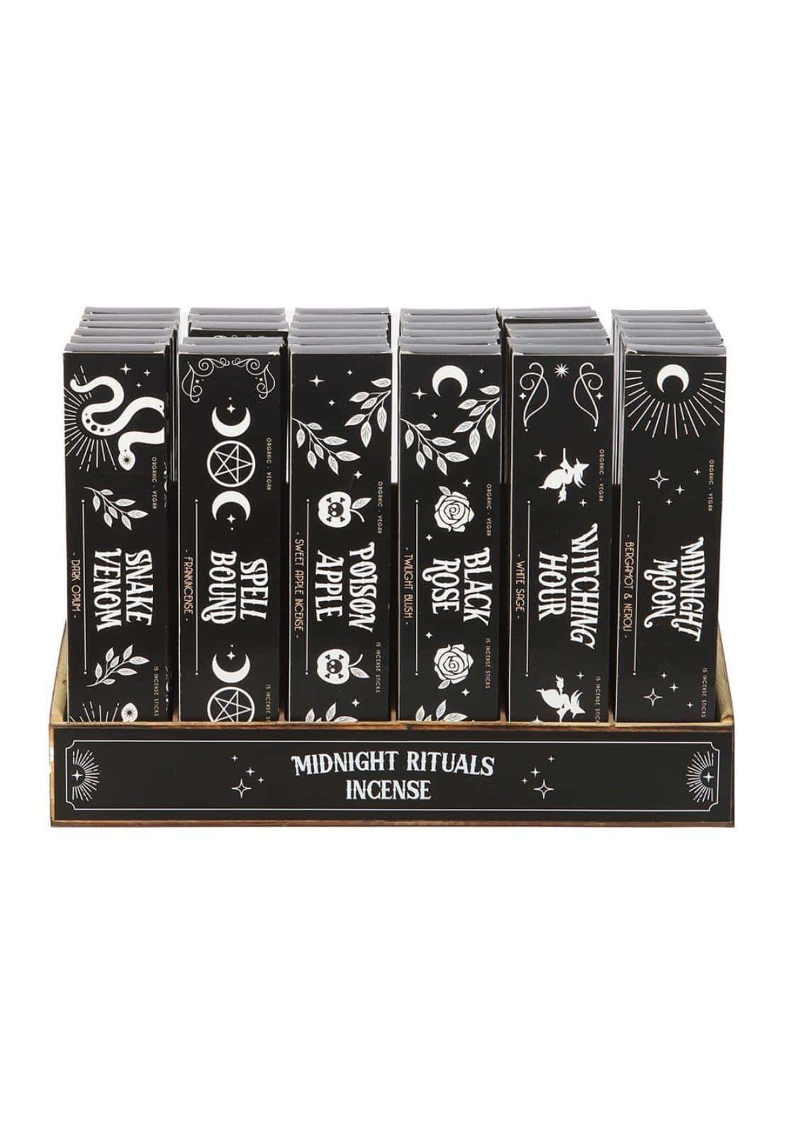Schwarze rechteckige räucherstäbchen boxen mit weißen okkulten designs und midnight rituals text für gothic kleidung fans