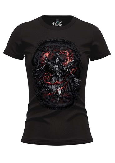 Schwarzes damen-fitted t-shirt mit detaillierter grafik einer hexe in dunkler kleidung umgeben von roten flammen und ketten sorceress girlie shirt