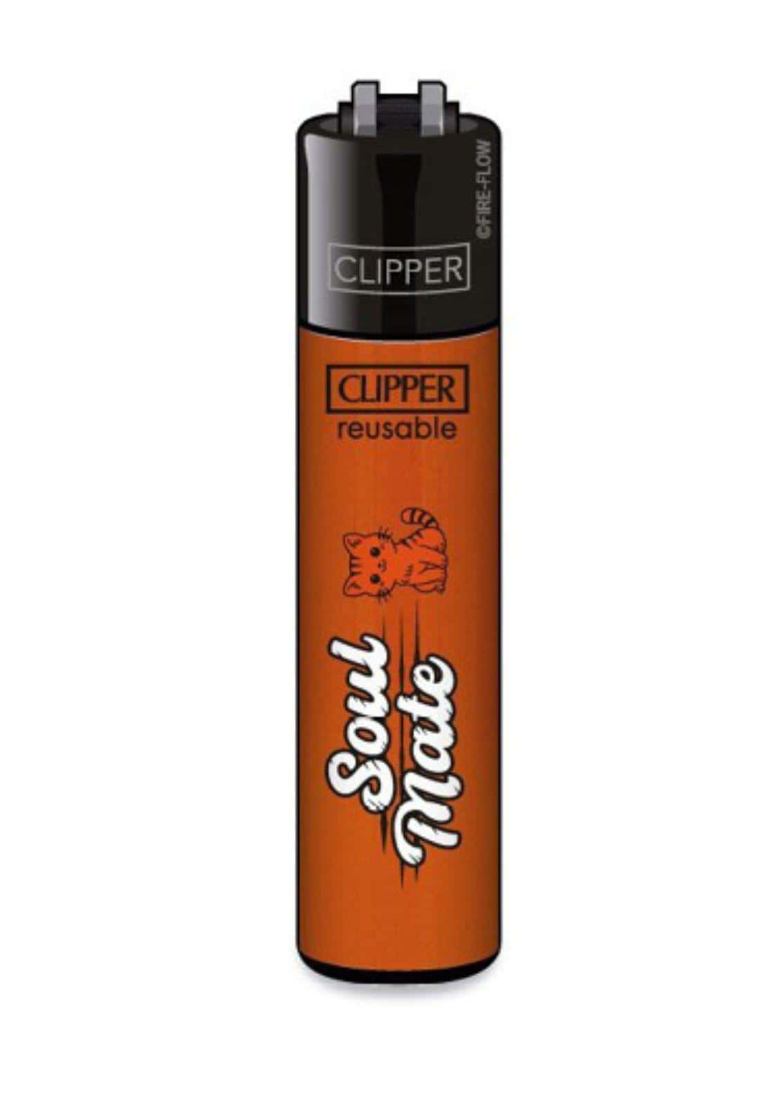 Orange clipper nachfüllbares feuerzeug mit schwarzem deckel und boden, cartoon katze und soul mate schriftzug im gothic horror stil
