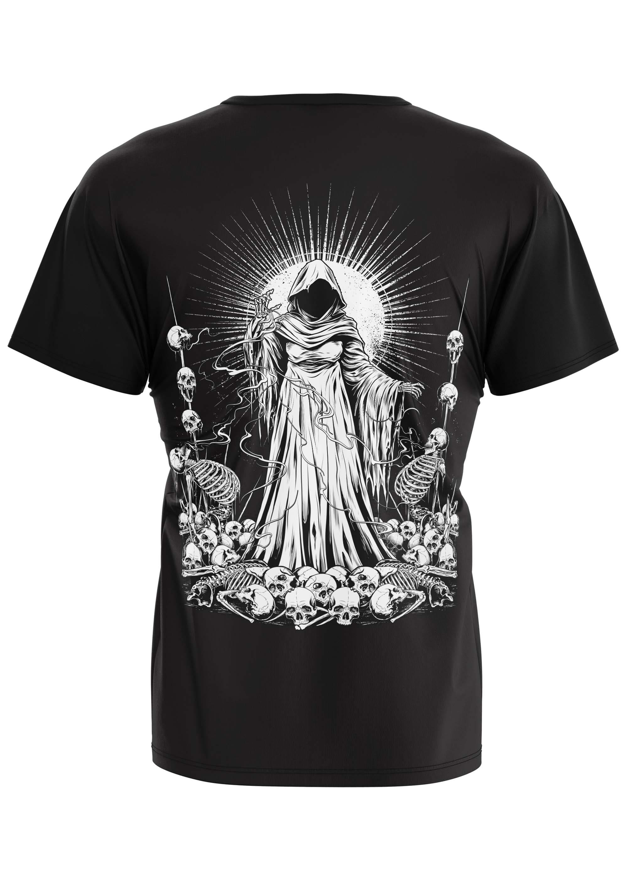 Schwarzes Gothic-Metal-T-Shirt mit Kapuzenfigur und Totenköpfen