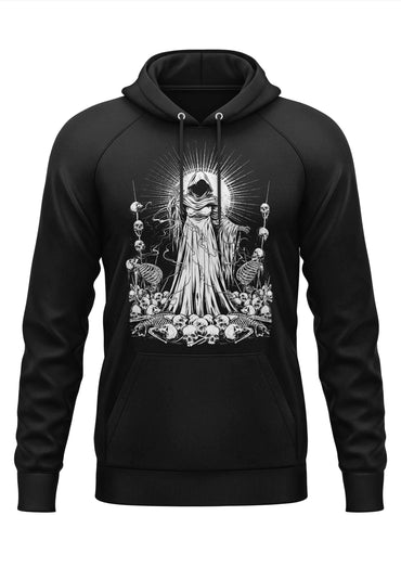 Schwarzer hoodie soul reaper mit detailliertem weißen gothic grim reaper horror grafikdruck