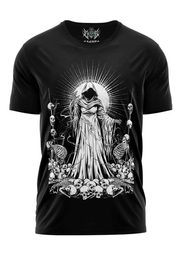 Black short-sleeved soul reaper shirt with gothic horror white graphic of hooded figure surrounded by skulls and skeletons