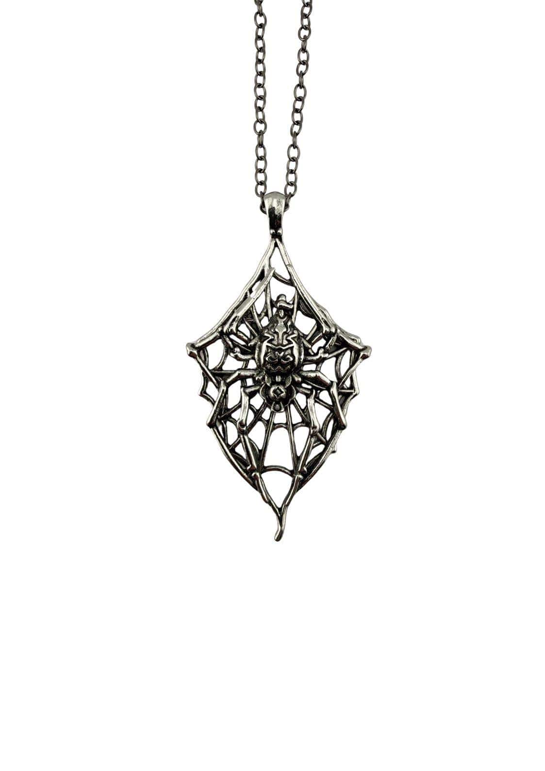 Silberner spider and web halskette mit filigranem spinnennetzdesign passend zu gothic kleidung und horror styles