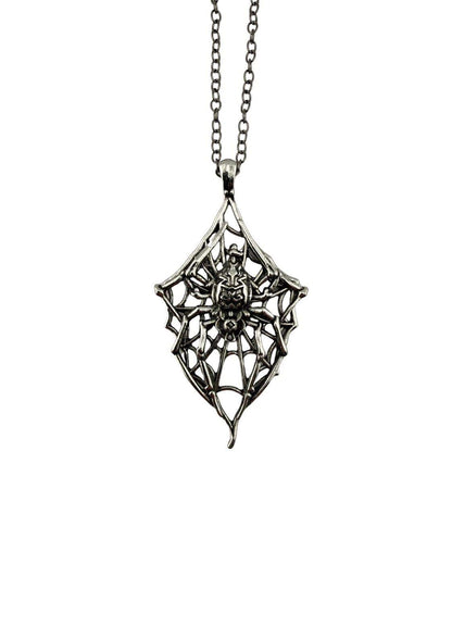 Silberner spider and web halskette mit filigranem spinnennetzdesign passend zu gothic kleidung und horror styles