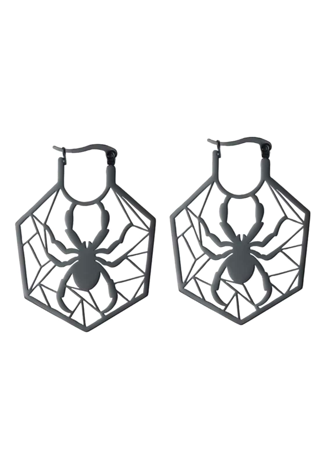 Dunkelgraue metallische hoop ohrringe mit spider black design und gothic horror spinnenmuster im sechseckigen netz