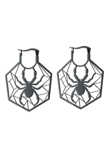 Dunkelgraue metallische hoop ohrringe mit spider black design und gothic horror spinnenmuster im sechseckigen netz