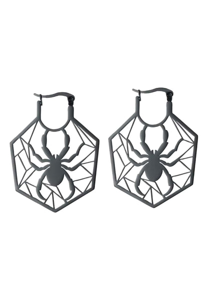 Dunkelgraue metallische hoop ohrringe mit spider black design und gothic horror spinnenmuster im sechseckigen netz
