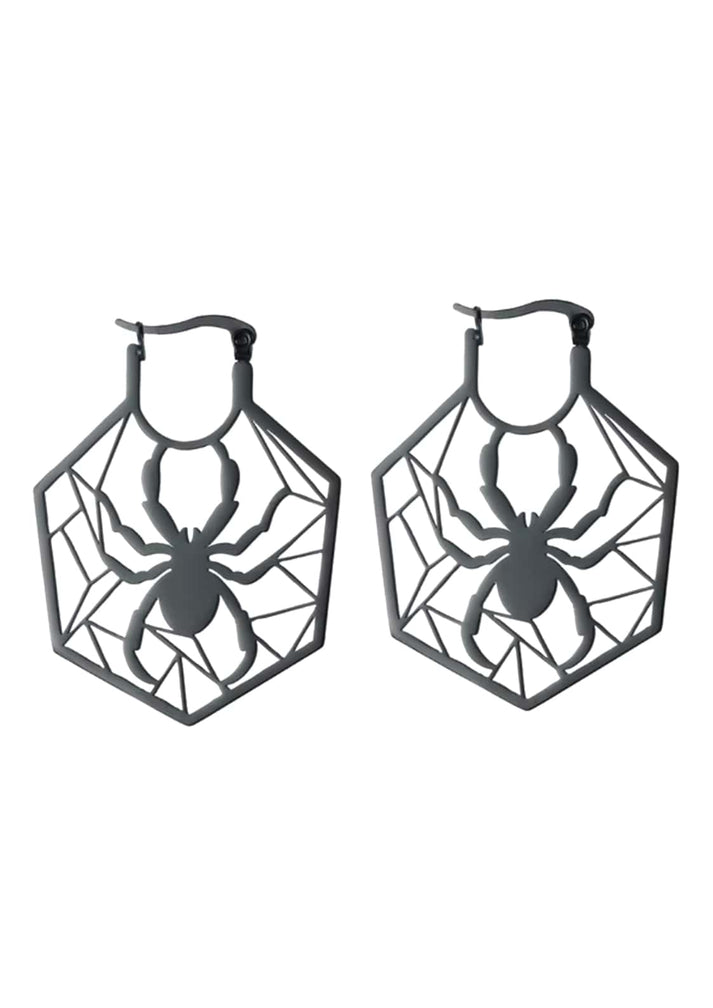 Dunkelgraue metallische hoop ohrringe mit spider black design und gothic horror spinnenmuster im sechseckigen netz
