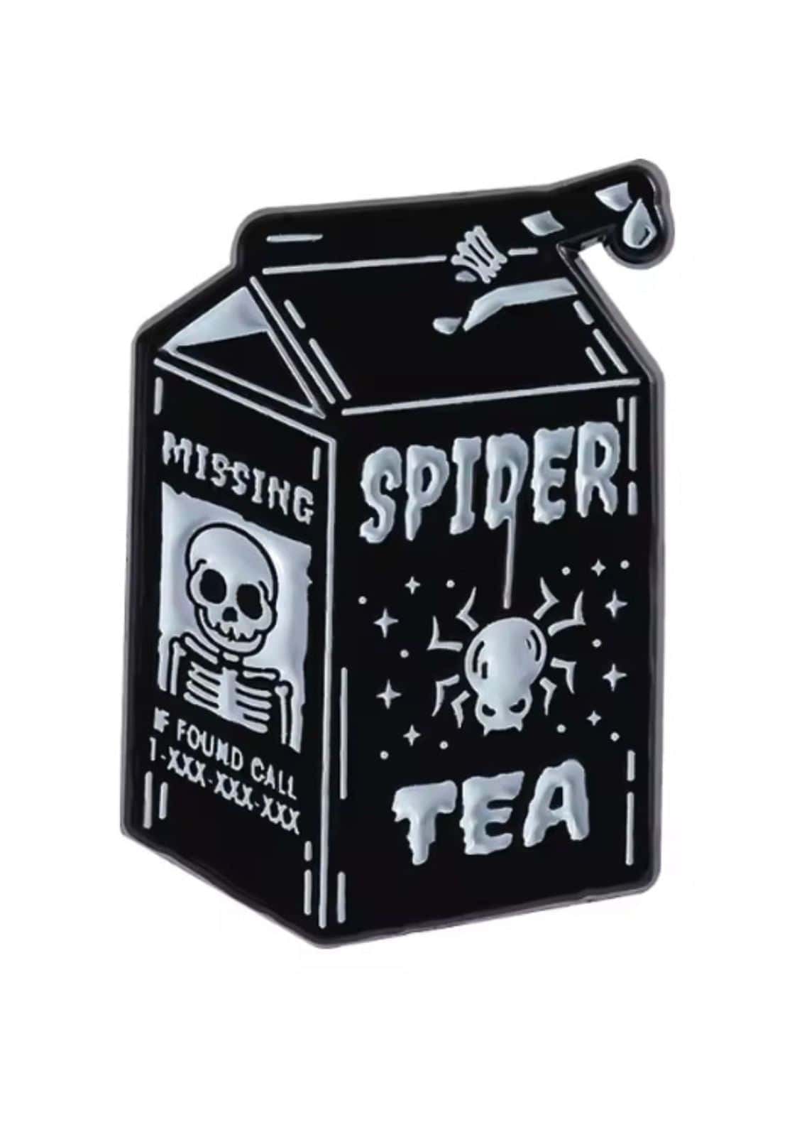 Schwarz-weißes Spinnen-Teekarton-Pin mit Skelett-Design.