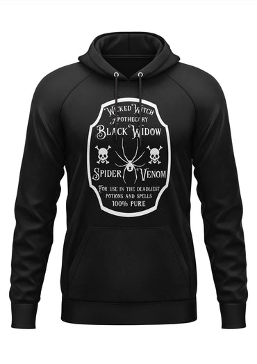Schwarzer spider venom hoodie mit weißem gothic spinnen und schädel grafik für horror fans