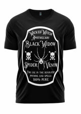 Schwarzes T-Shirt mit weißem Design des Spinnen-Gift-Labels