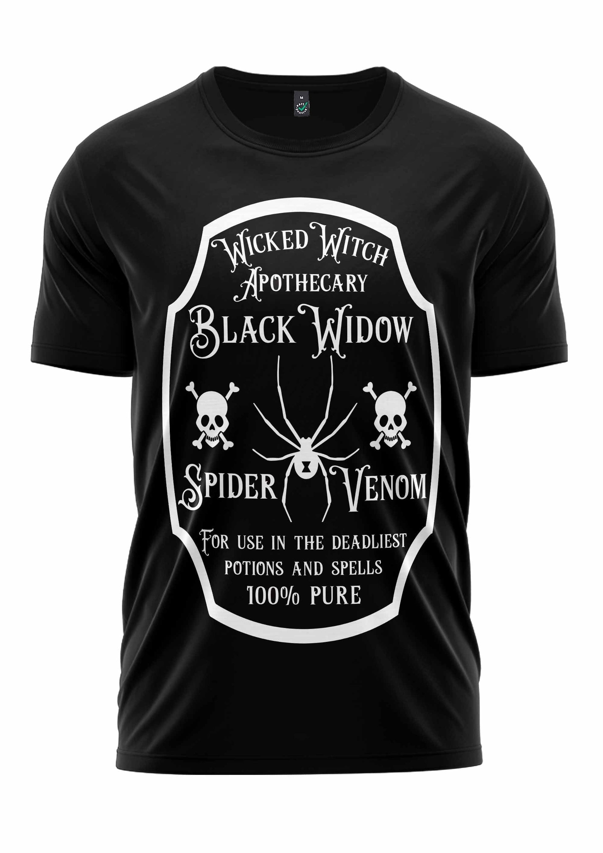 Schwarzes T-Shirt mit weißem Design des Spinnen-Gift-Labels
