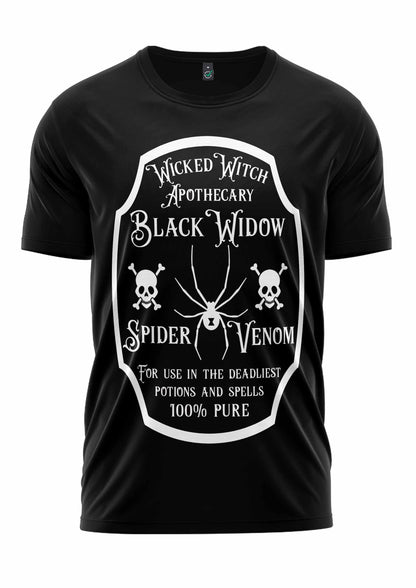 Schwarzes T-Shirt mit weißem Design des Spinnen-Gift-Labels