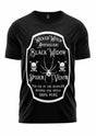 Schwarzes T-Shirt mit weißem Design des Spinnen-Gift-Labels