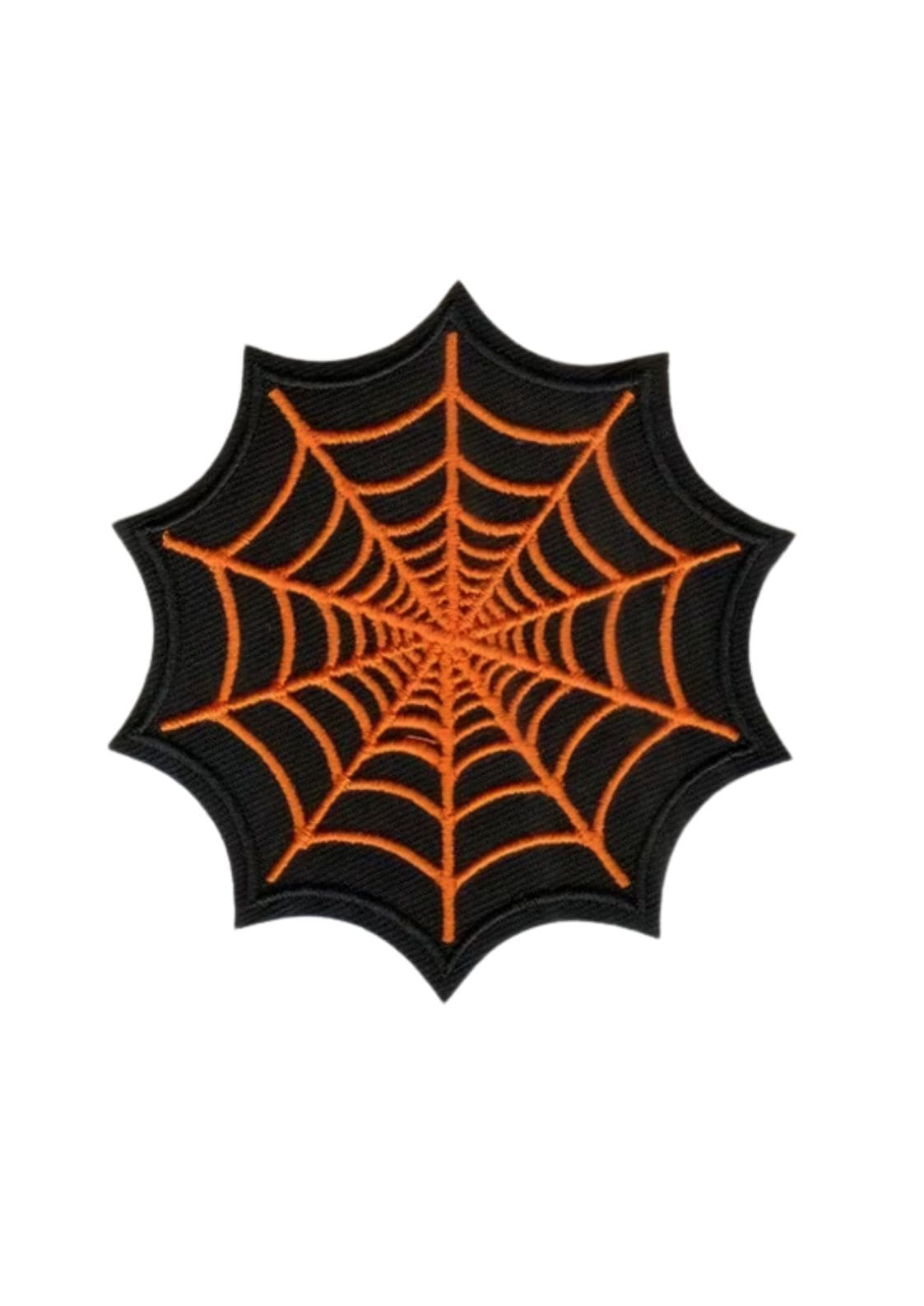 Schwarzer und oranger Spinnennetz-Aufnäher mit einer glänzenden, reflektierenden Oberfläche.