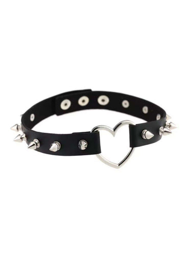 Black leather spike slave choker with silver spikes and heart-shaped metal clasp made of faux leather