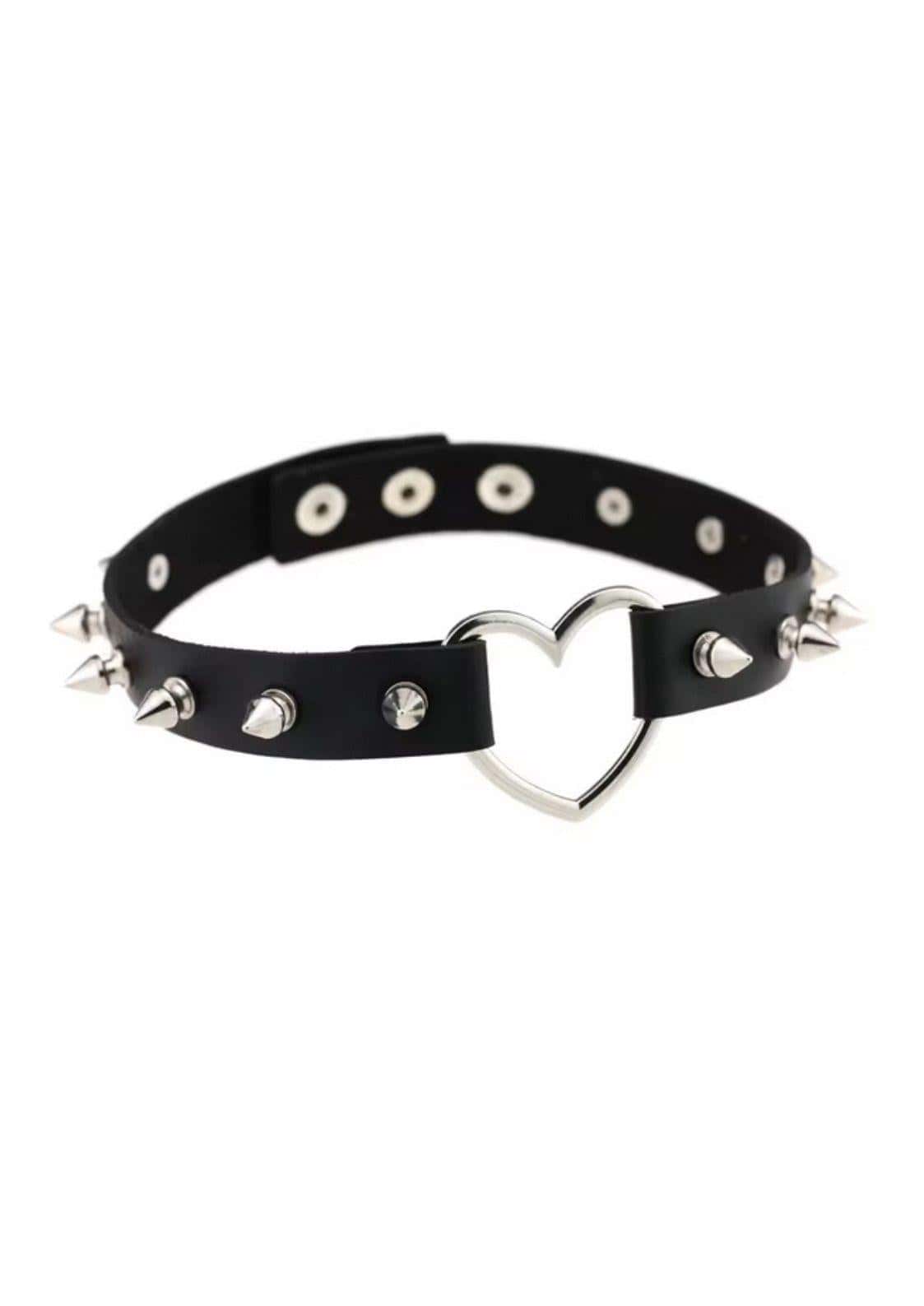 Black leather spike slave choker with silver spikes and heart-shaped metal clasp made of faux leather