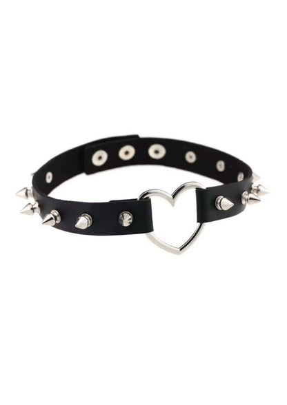 Black leather spike slave choker with silver spikes and heart-shaped metal clasp made of faux leather