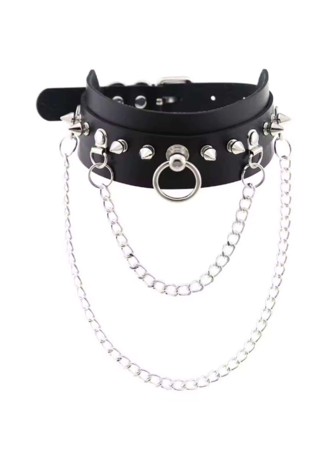 Black faux leather spike slave choker with silver spikes central ring and long dangling chain links