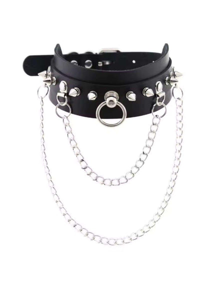 Black faux leather spike slave choker with silver spikes central ring and long dangling chain links
