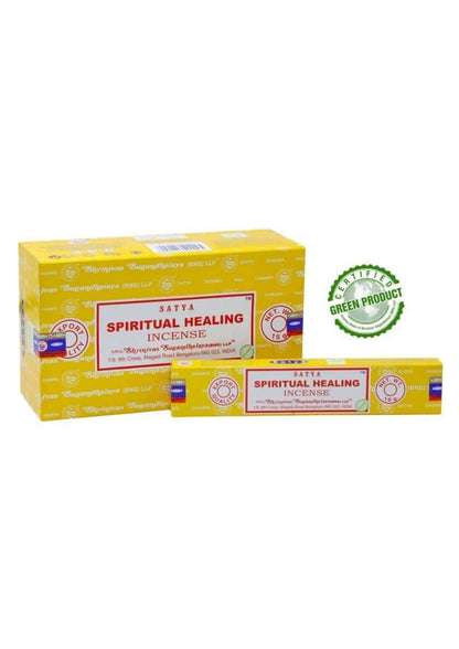 Gelbe rechteckige box satya spiritual healing räucherstäbchen ideal für gothic kleidung und horror atmosphäre