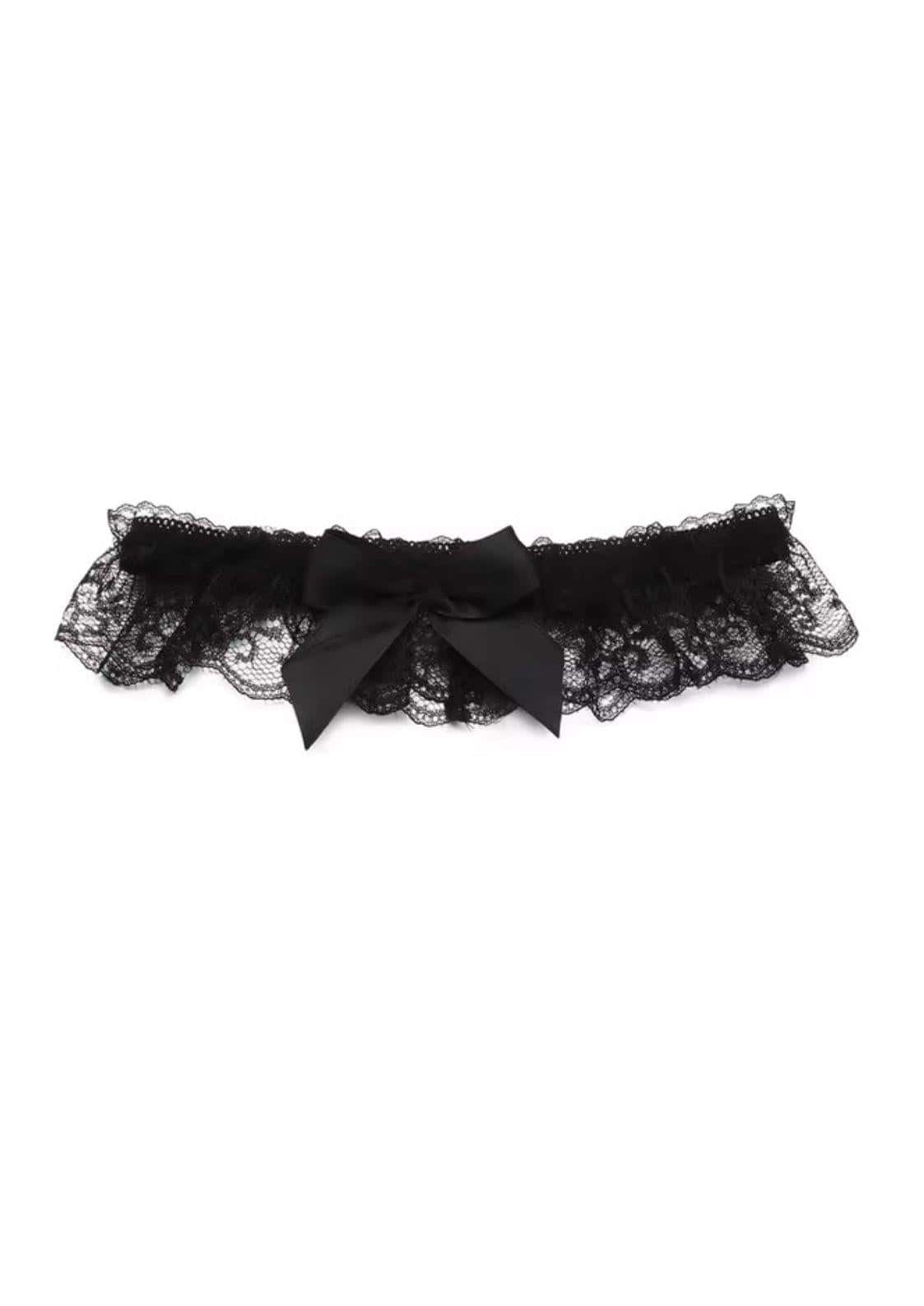 Schwarzes spitze strumpfband mit zentraler satin schleife ideal für gothic und dark fashion looks