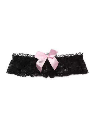Schwarzes spitzen strumpfband mit rosa satin schleife gothic kleidung ideal für horror outfits