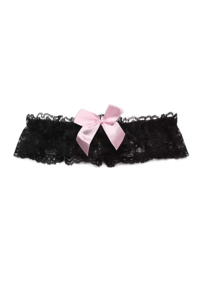 Schwarzes spitzen strumpfband mit rosa satin schleife gothic kleidung ideal für horror outfits