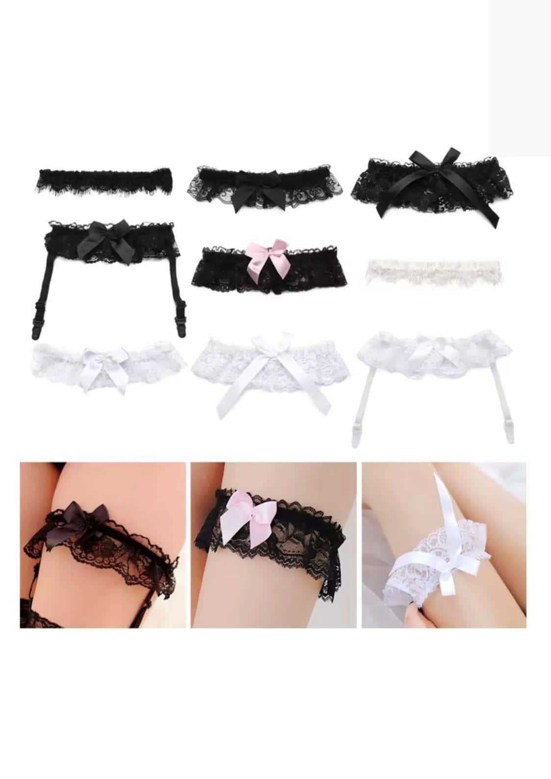 Schwarze und weiße spitze mit strumpfhalter und satin schleifen für gothic und dark fashion looks