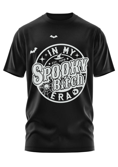 Schwarzes Gothic-T-Shirt mit Spuk-Text und Fledermäusen